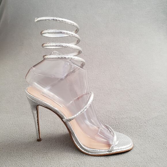 Steve Madden Exotica Heels Metallic Silver Snake Size 8 SMAD-WZ1229 Wrap-around - Picture 6 of 12
